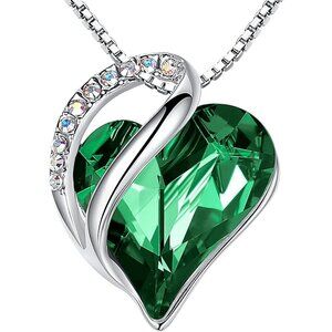 Women's Love Heart Crystal Adjustable Chain Pendant Silver Green Plated Necklace